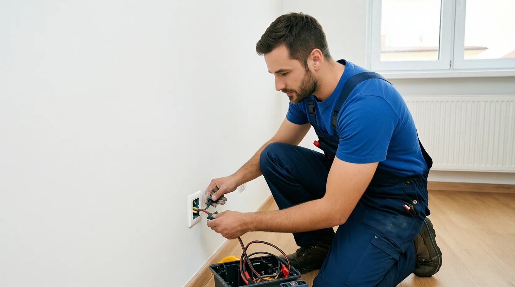 Elektrikář pracuje na instalaci zásuvky v bytě v Brně